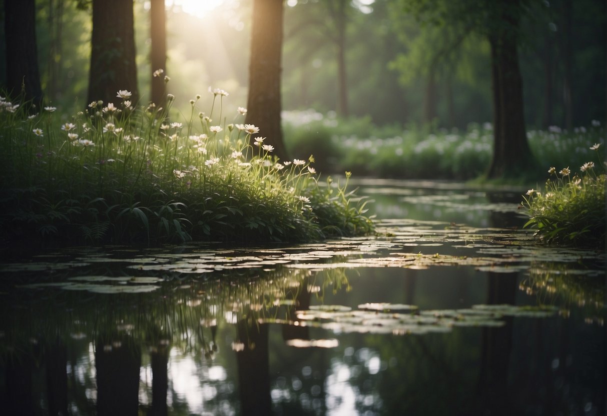 A serene forest with a shimmering pond, surrounded by lush greenery and delicate flowers. A soft, ethereal glow illuminates the scene, hinting at the presence of a mystical nymph